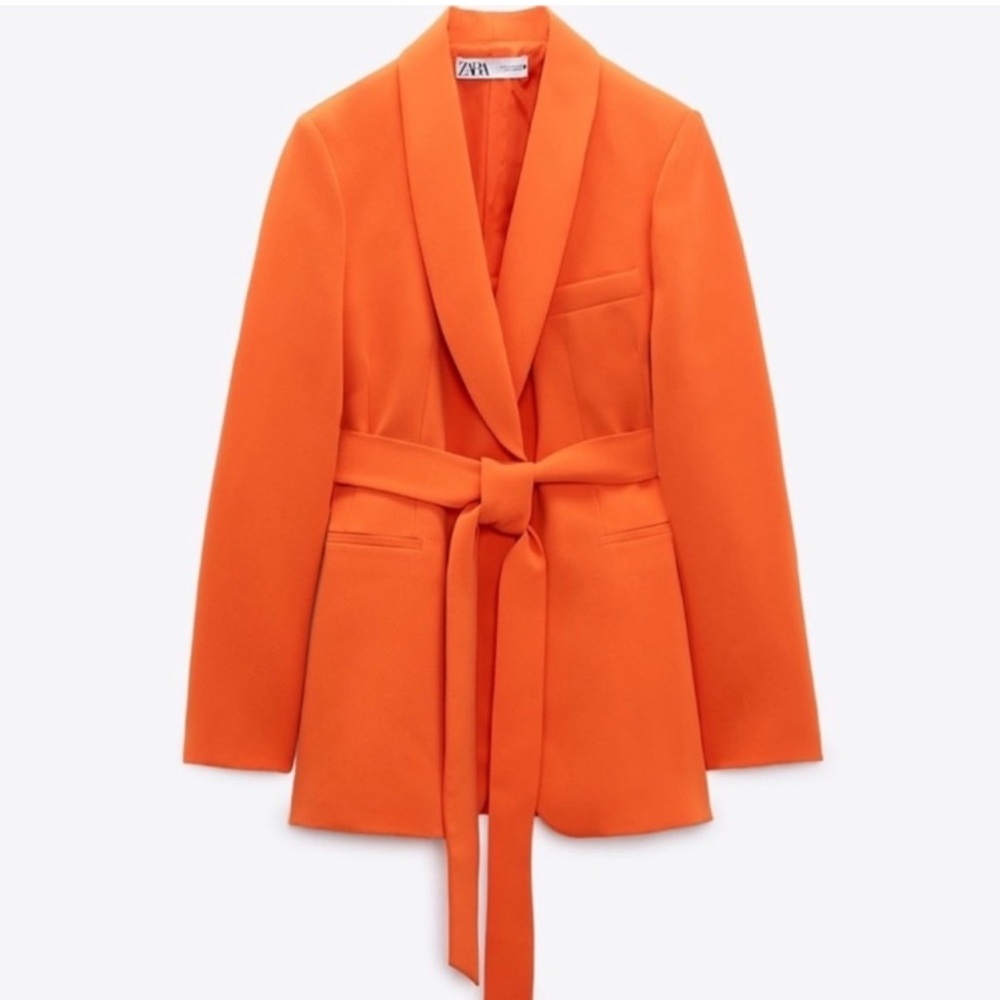 Zara Orange blazer suit jacket belted with belt with tie longline XS workwear - Picture 2 of 10